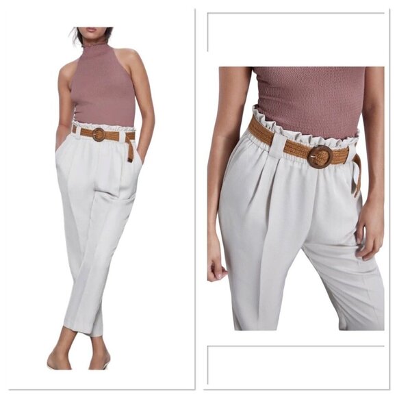 ZARA Tan High Waist Paperbag Cropped Pants Brown Raffia Belt‎ Women Size XXL New - Picture 1 of 12